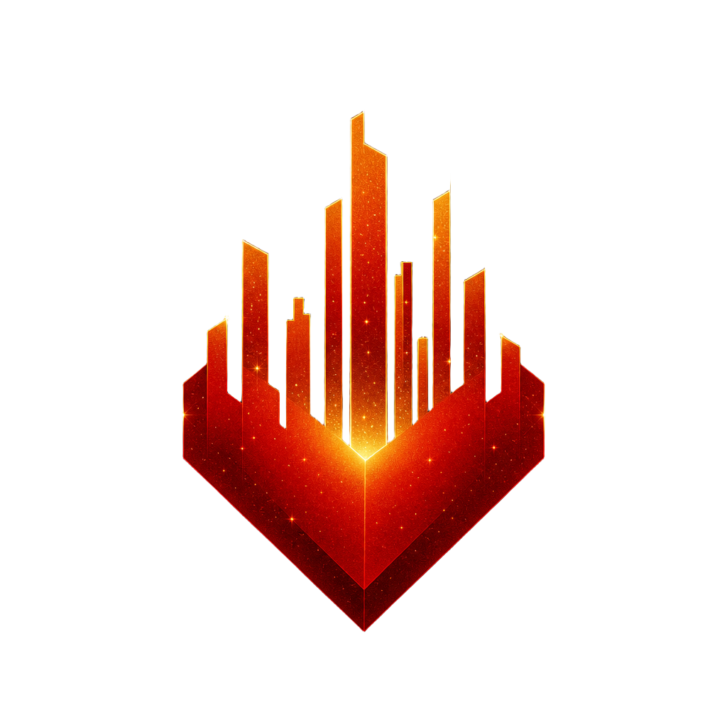 Emblema de Lovable Evolution: corazón con skyline y destellos dorados